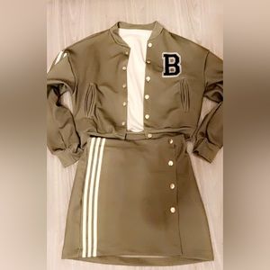 soft army green varsity jacket and skirt.🤍